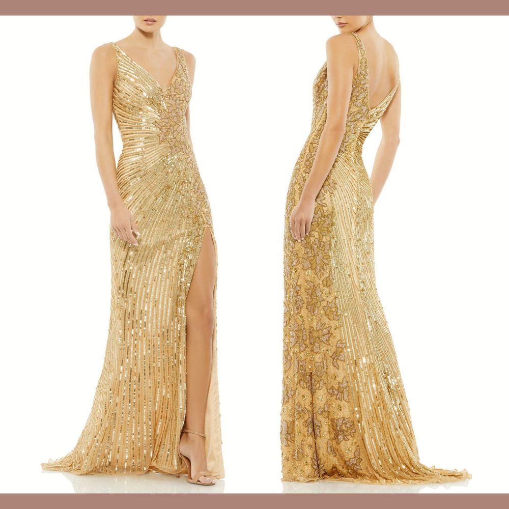 NWT $598 Mac Duggal [ 2 ] 5473‎ V Neck Beaded Floral Sleeveless Gown Gold #Q944